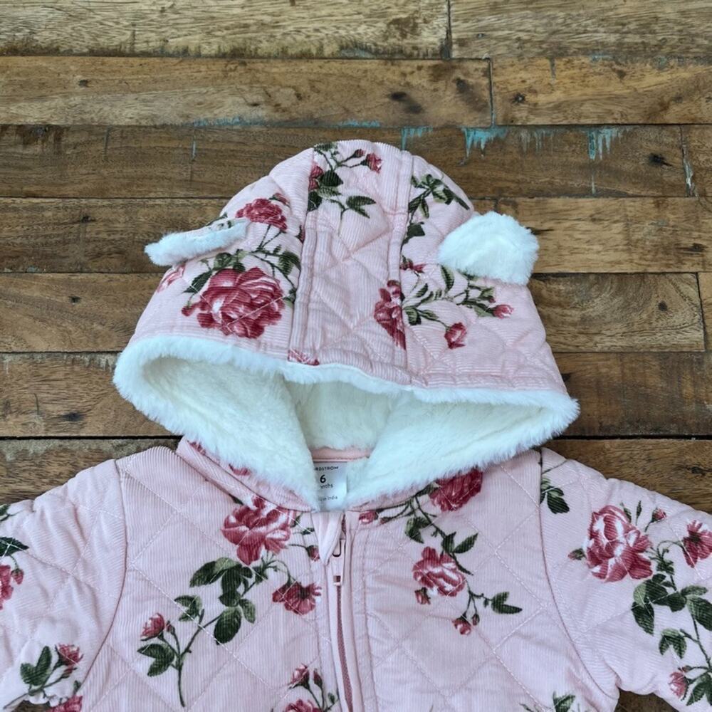 Nordstrom Bear Hooded Fleece-Lined Bunting 6 M Pink Floral Quilted - Picture 3 of 6
